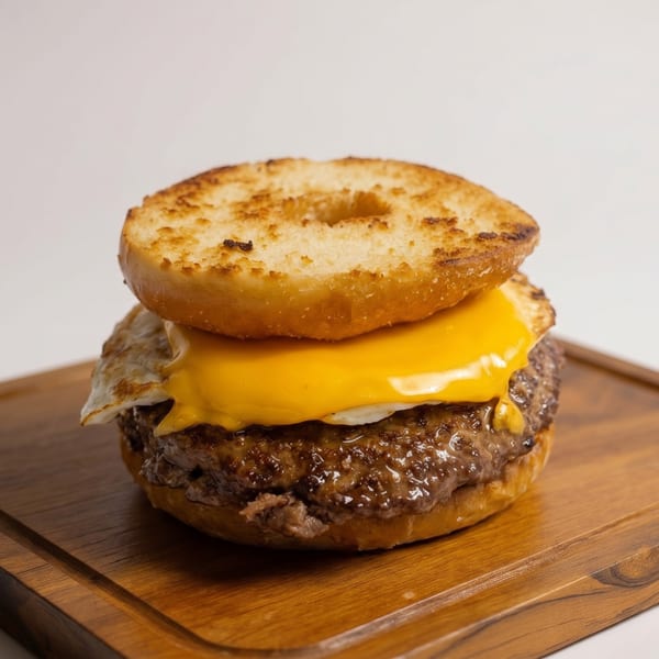A bagel burger with a beef patty, melted cheese, and a fried egg on a wooden board.