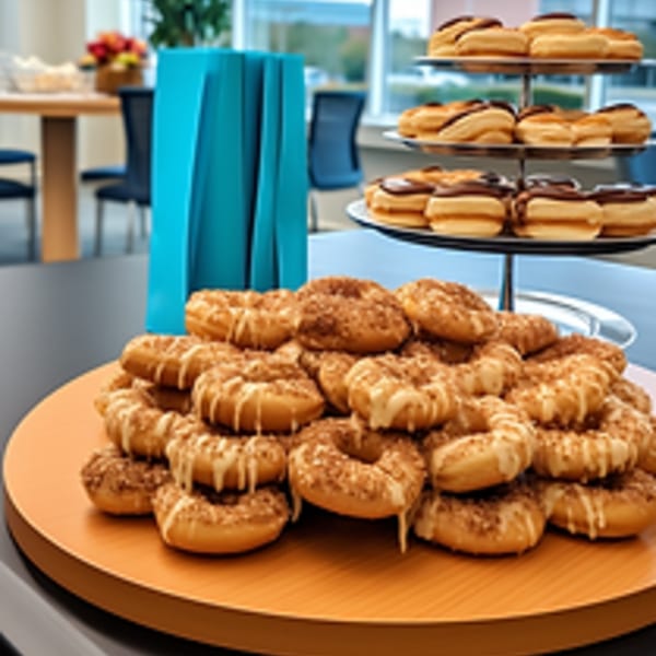 Rockstar Donuts' glazed and chocolate-filled donuts arranged on tiered stands in a bright room.