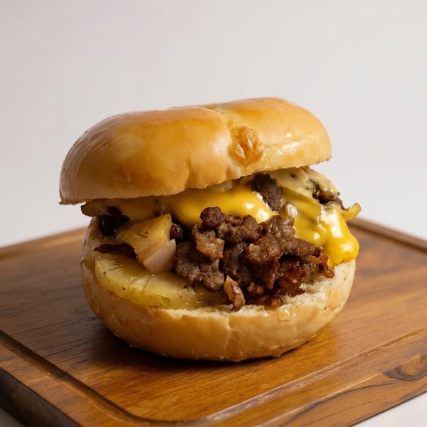 Cheeseburger with beef, melted cheese, pineapple, and onions on a wooden board.