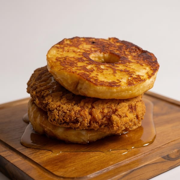 A fried chicken sandwich with a French toast donut bun, drizzled with syrup on a wooden board.