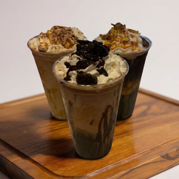 Three dessert drinks with whipped cream, chocolate, caramel, and nuts on a wooden tray.