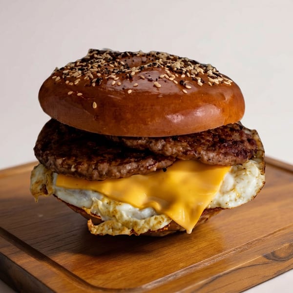 A breakfast burger with two patties, melted cheese, and a fried egg on a sesame seed bun.
