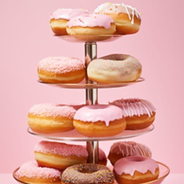 A tiered stand displays various Rockstar Donuts with pink, white, and chocolate icing against a pink background.