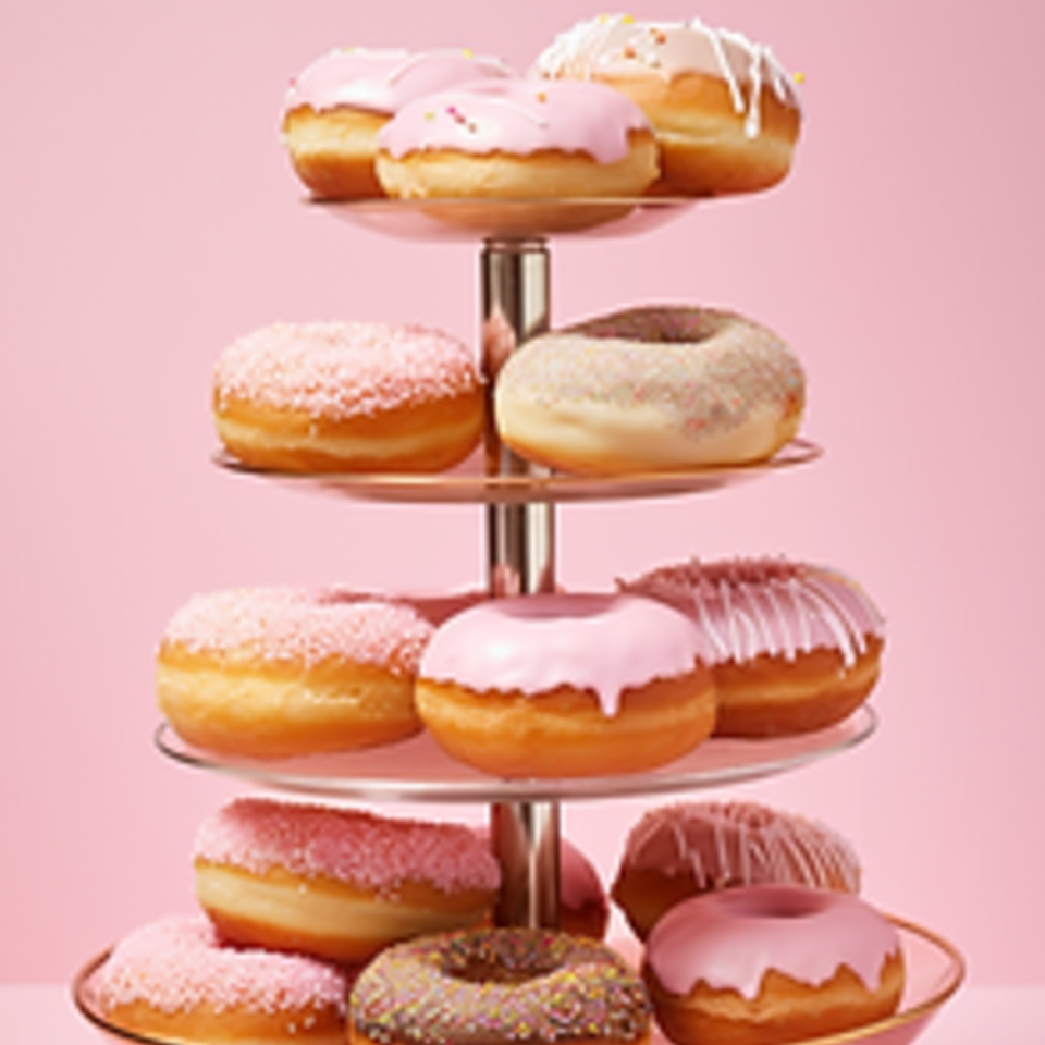 A tiered stand displays various Rockstar Donuts with pink, white, and chocolate icing against a pink background.