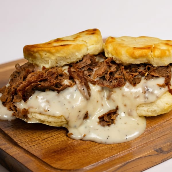 Two biscuits piled high with shredded beef and smothered in creamy white gravy on a wooden board.