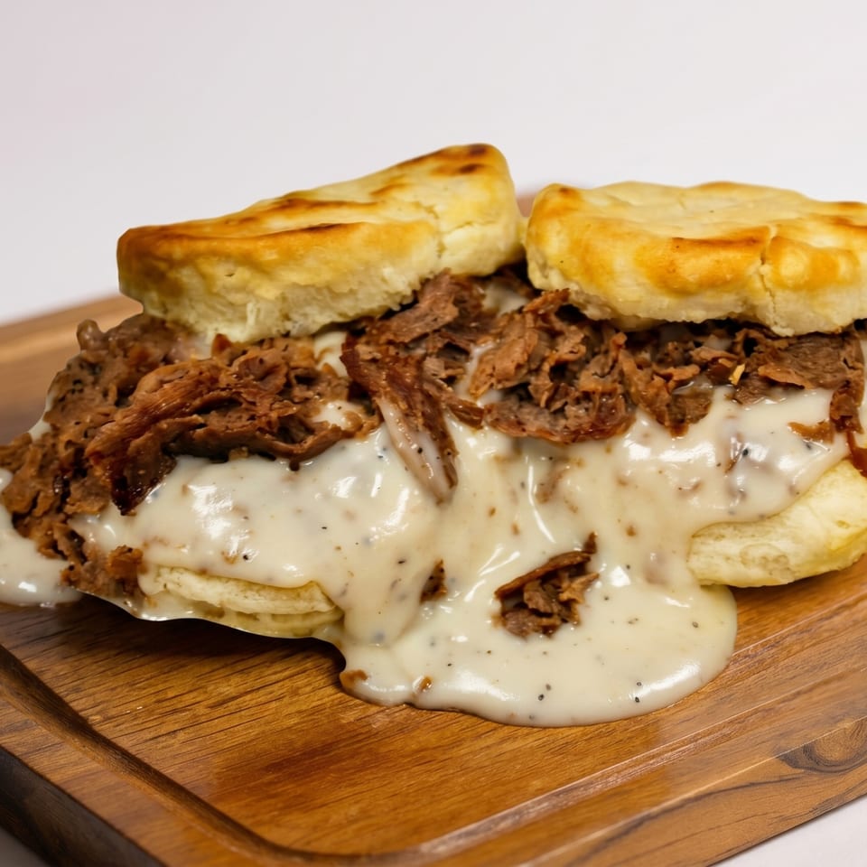 Two biscuits piled high with shredded beef and smothered in creamy white gravy on a wooden board.