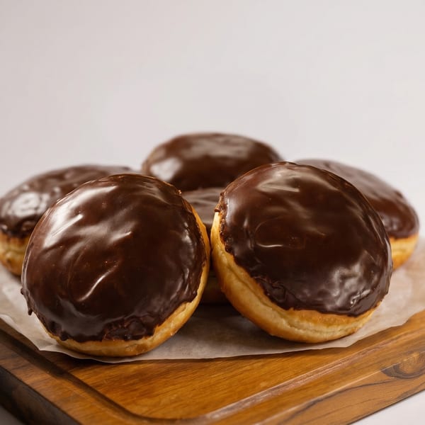 Five chocolate-glazed donuts on parchment paper, arranged on a wooden board.