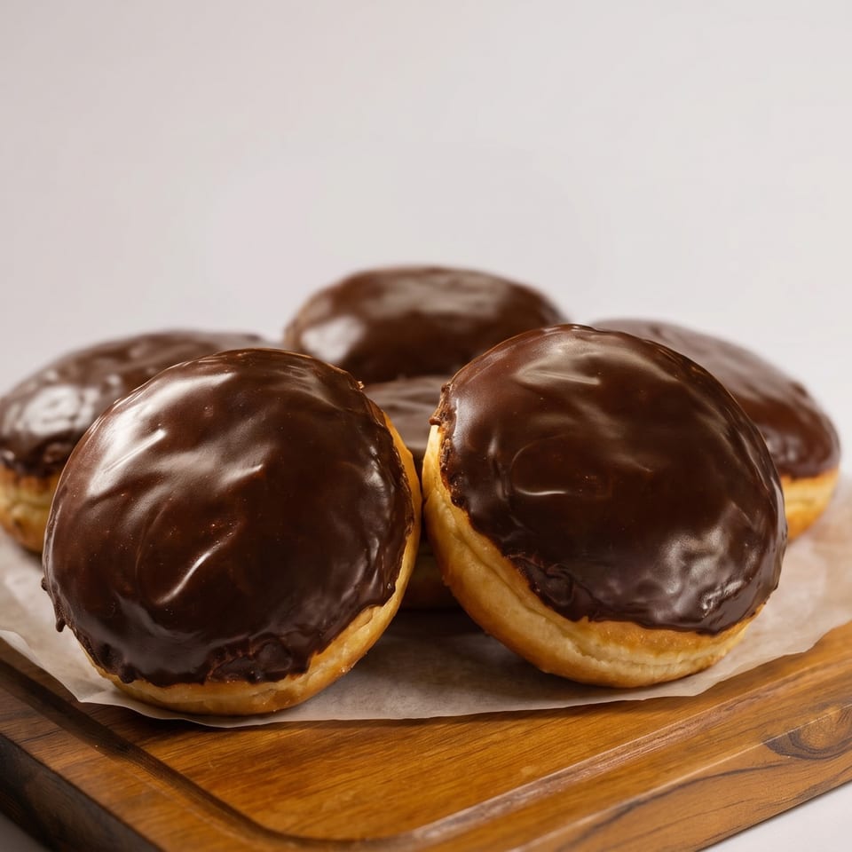 Five chocolate-glazed donuts on parchment paper, arranged on a wooden board.