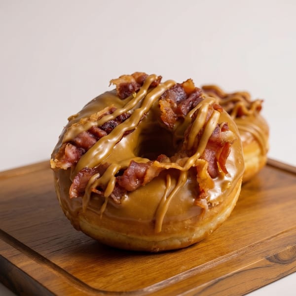 Two maple bacon donuts with crispy bacon bits and a sweet glaze on a wooden board.